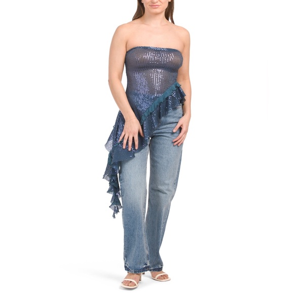 FREE PEOPLE TAYLOR SEQUINS TUBE TOP BLUE MERMAID STYLE ASYMMETRICAL SUMMER S - Picture 4 of 6
